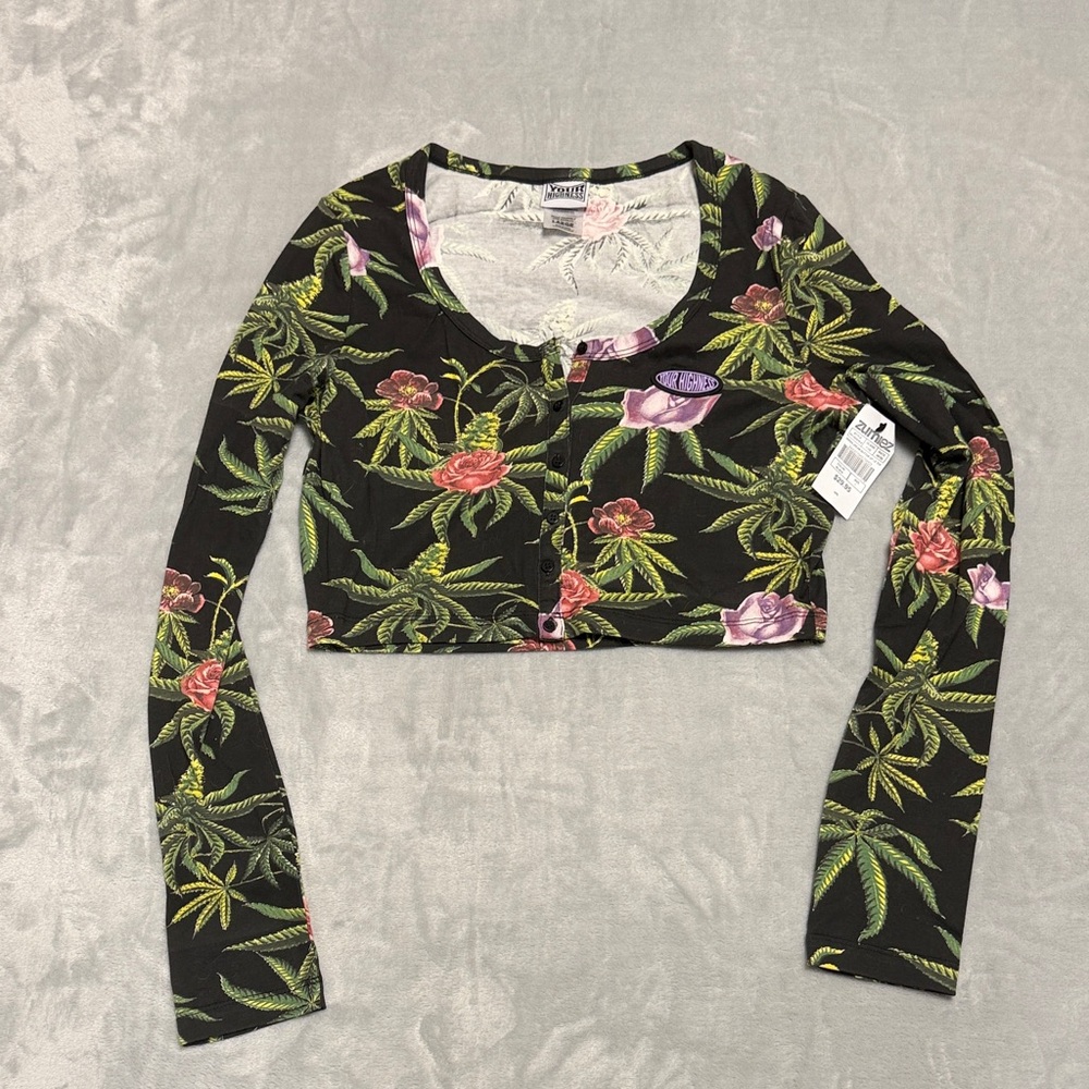 Your Highness Cropped Cannabis Print Long Sleeve Top Size Large